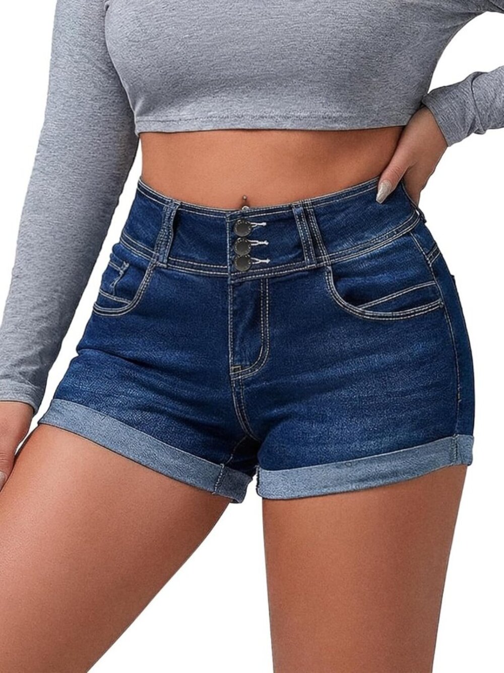 High-Waisted Stretchy Cuffed Denim Shorts for Women | Summer Casual Style
